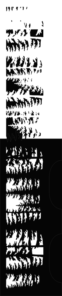 A black steel fire pit with intricate laser-cut designs depicting a forest scene with tall pine trees. The fire pit is circular and made from sturdy 14-gauge steel, showcasing detailed precision-cut patterns that create a silhouette effect against a light background.